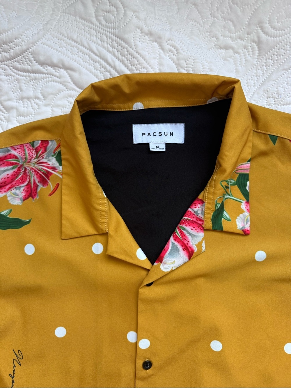 PacSun Mustard Floral & Polka Dot Short-Sleeve Button-Up Shirt - Picture 3 of 3
